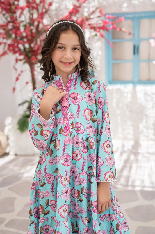 Girls Sky Blue Printed Frock Straight Pants 2 Piece Set K-ALP-S26-005