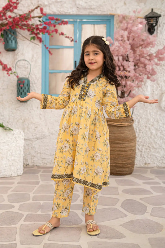 Girls Beige Yellow Printed Long Frock 2 Piece Set K-ALP-S26-006