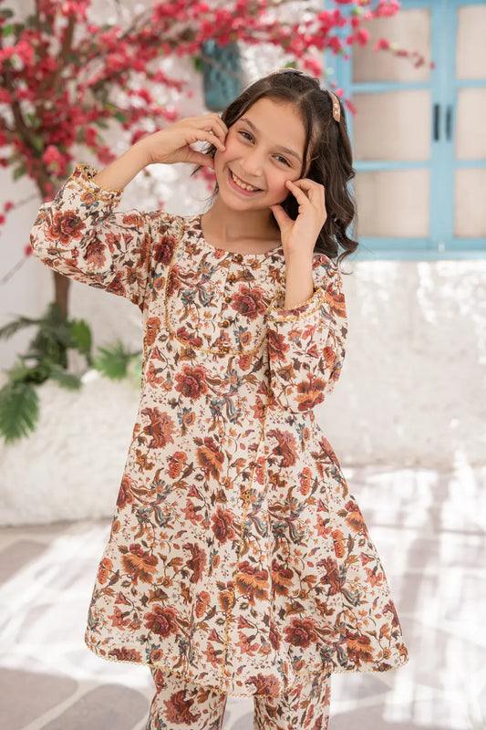 Girls Multi Beige Printed Tunic Straight Pants 2 Piece Set K-ALP-S26-108