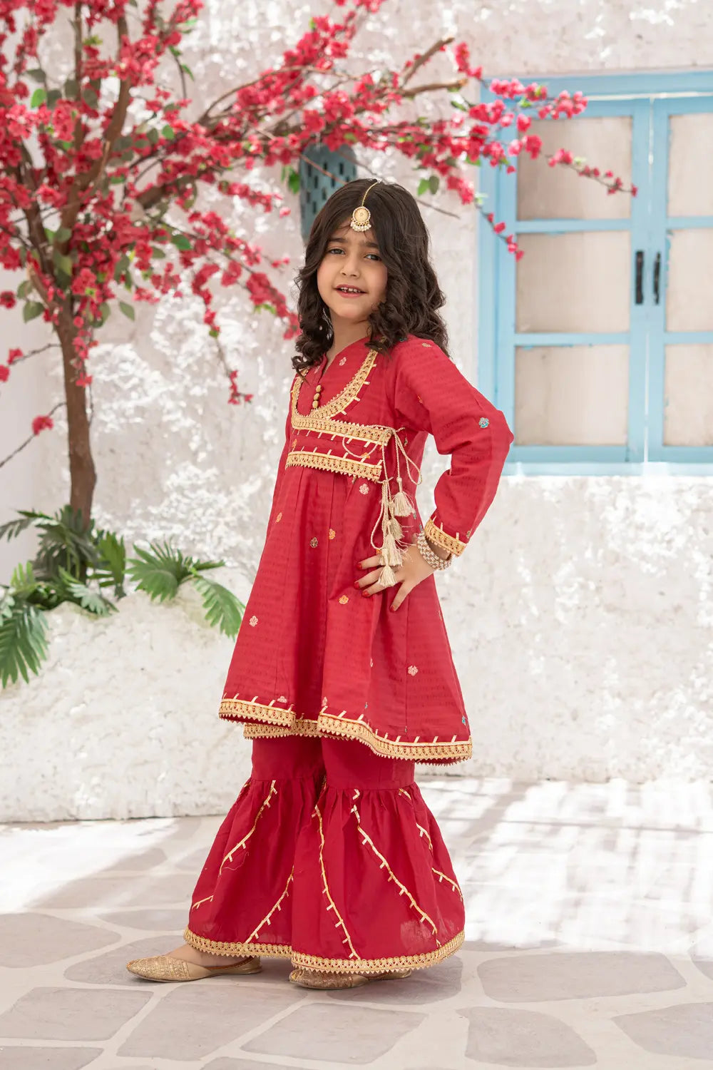 Girls Red Jacquard Embroidered Angrakha Gharara 3 Piece Set K-MG-020