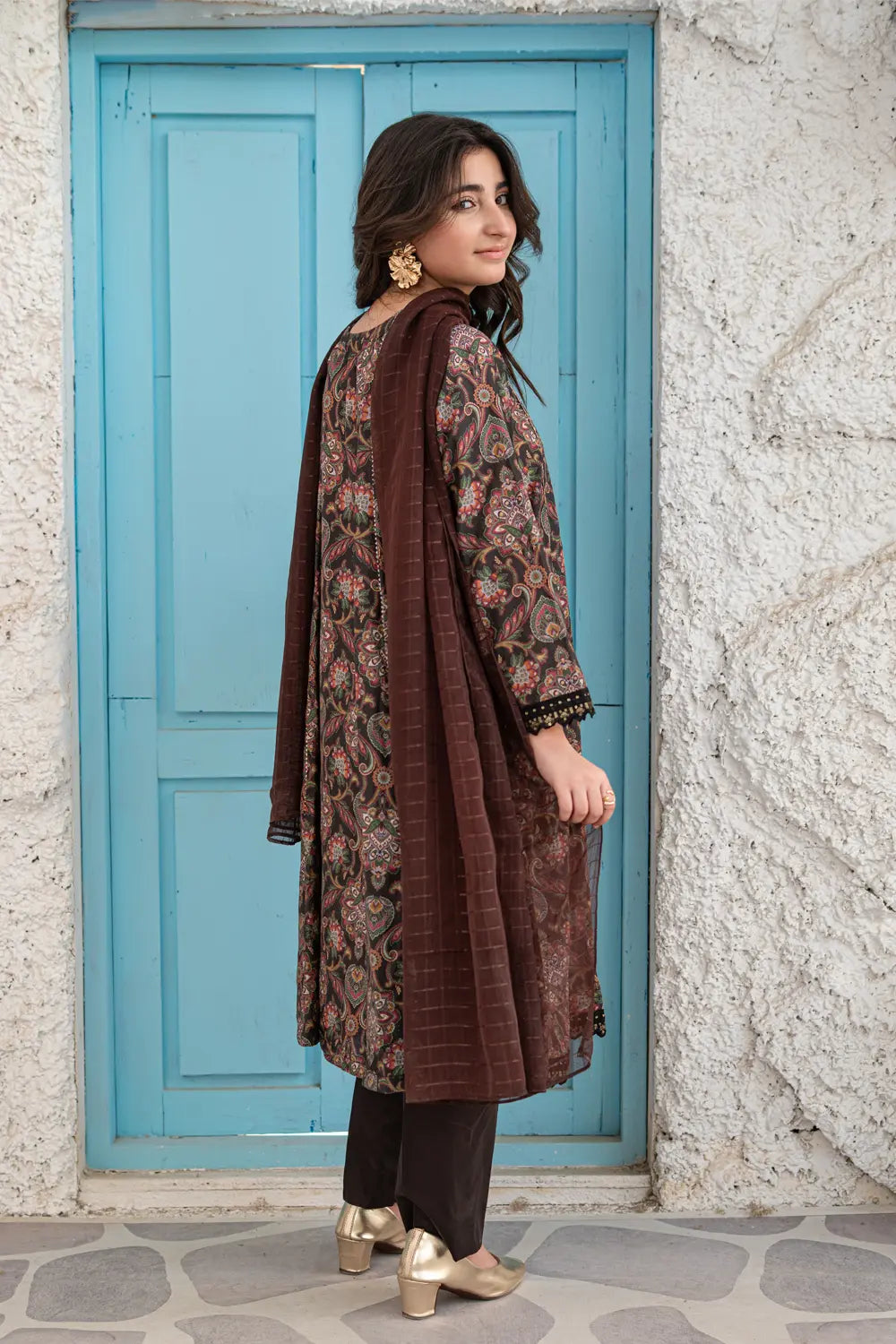 Dark Brown Embroidered Cotton Lawn Panel Frock 3 Piece Suit T-ALP-EMB-019