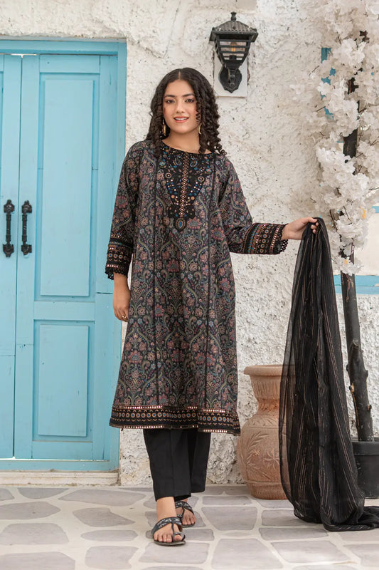 Black Embroidered Cotton Lawn Panel Frock 3 Piece Set T-ALP-EMB-020