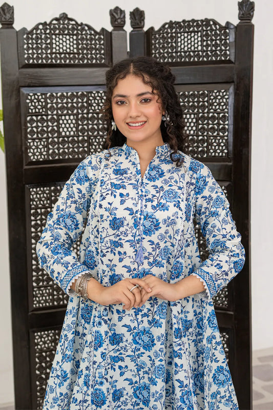 White Blue Printed Cotton Lawn Panel Tunic Shalwar 2 Piece Set T-ALP-S26-013