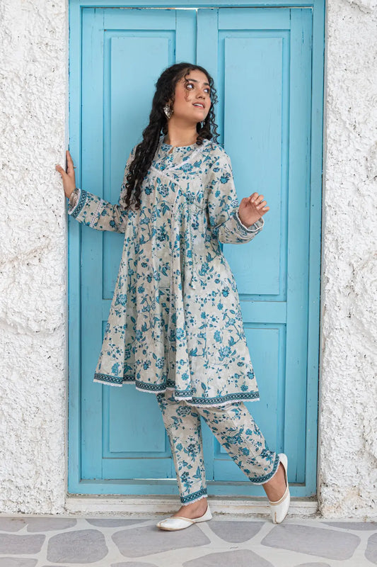 Blue Floral Printed Cotton Lawn Angrakha Frock 2 Piece Set T-ALP-S26-018