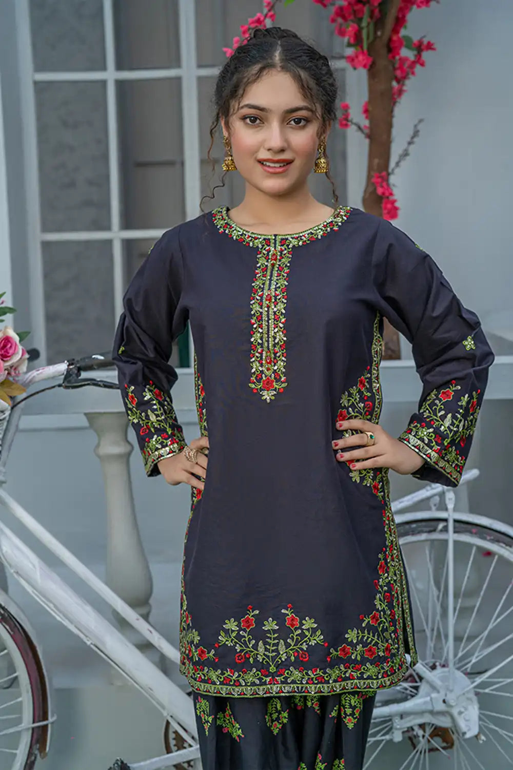 3 Piece Black Embroidered Suit with Table Printed Shalwar T-EMB-006