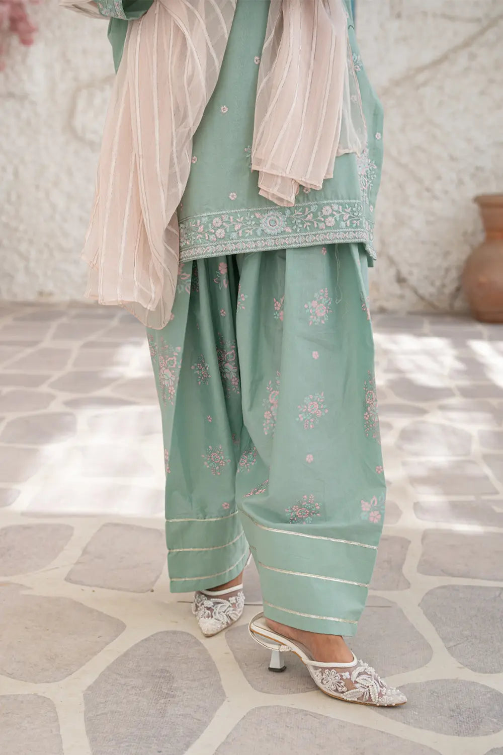 Mint Green Embroidered Cotton Short Kurta Farshi Shalwar 3 Piece Set T-SFC-S26-011
