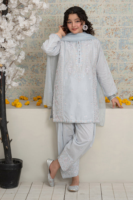 3 Piece Embroidered Cotton Lawn Eastern Formal Suit for Girls Light Grey T-SFC-S26-001
