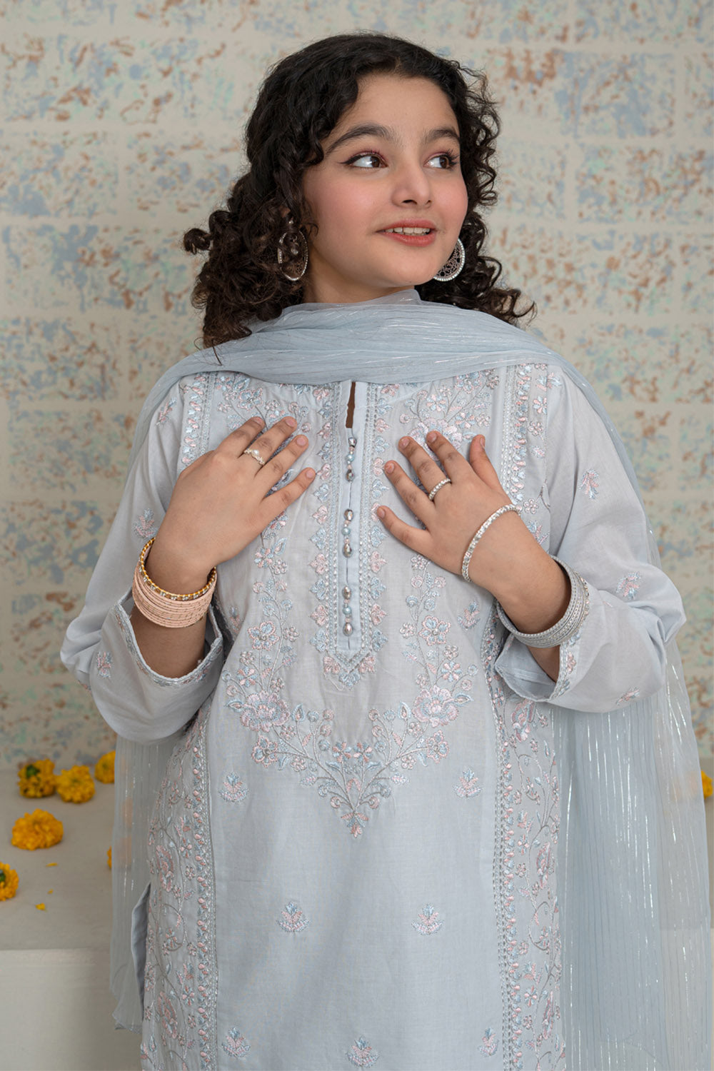 3 Piece Embroidered Cotton Lawn Eastern Formal Suit for Girls Light Grey T-SFC-S26-001