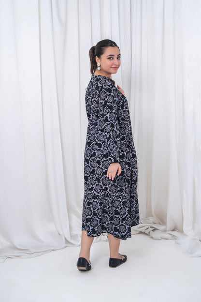 Women's Black Floral Lawn Maxi 1 Piece T-MC-TP-001