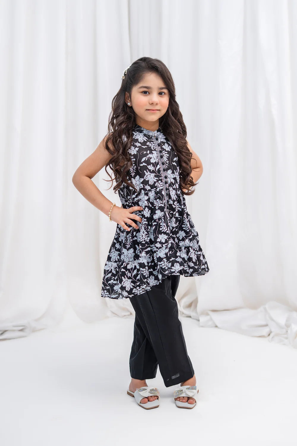 Girls Black Floral Lawn Tunic & Straight Pants 2 Piece K-MC-TP-010
