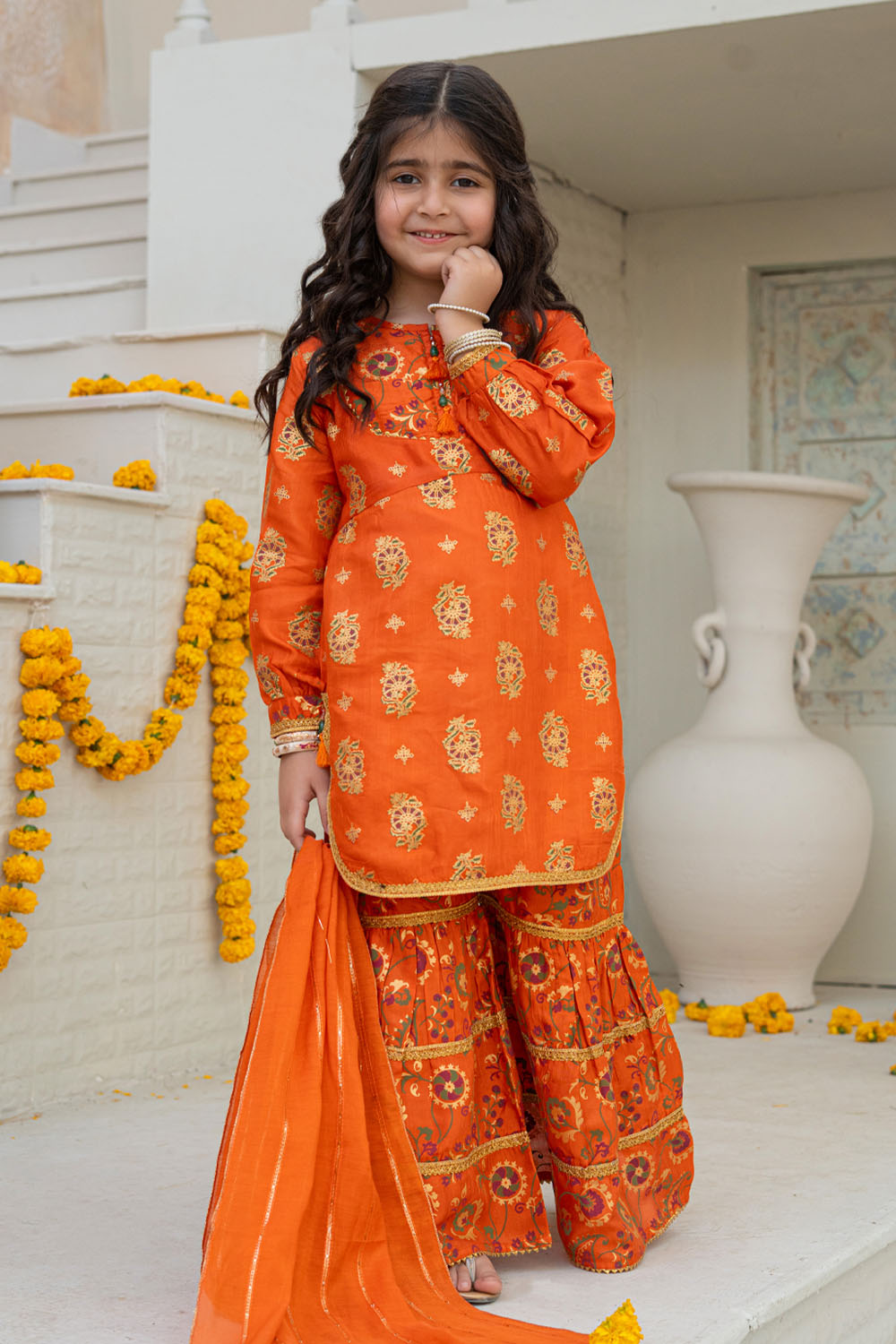 3 Piece Embroidered Indian Raw Silk Kurta with Gharara for Girls Orange Festive Wear K-FORT-007