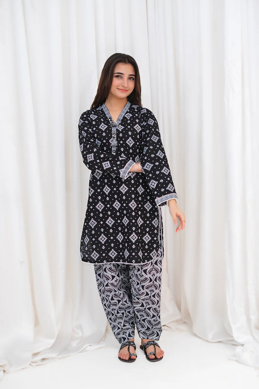 Women's Black Geometric Lawn Co-Ord Set 2 Piece T-MC-TP-005