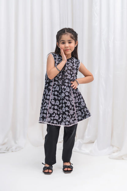 Girls Black Floral Panel Frock & Pants 2 Piece K-MC-TP-014