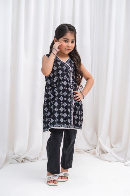 Girls Black Angrakha Lawn Tunic & Pants 2 Piece K-MC-TP-009