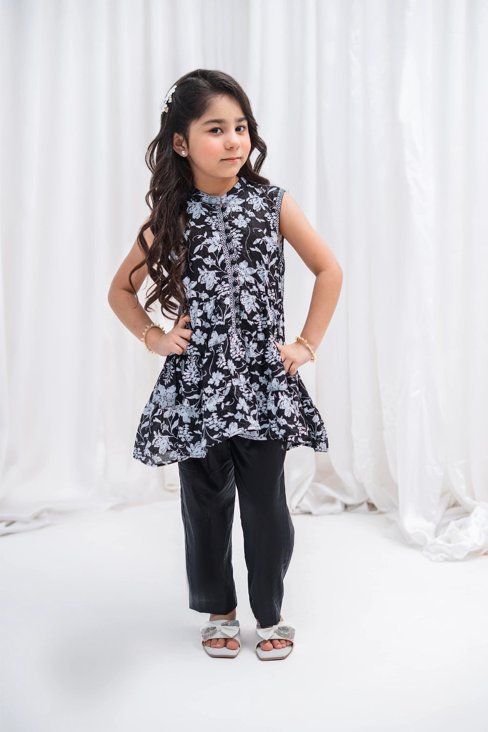 Girls Black Floral Lawn Tunic & Straight Pants 2 Piece K-MC-TP-010