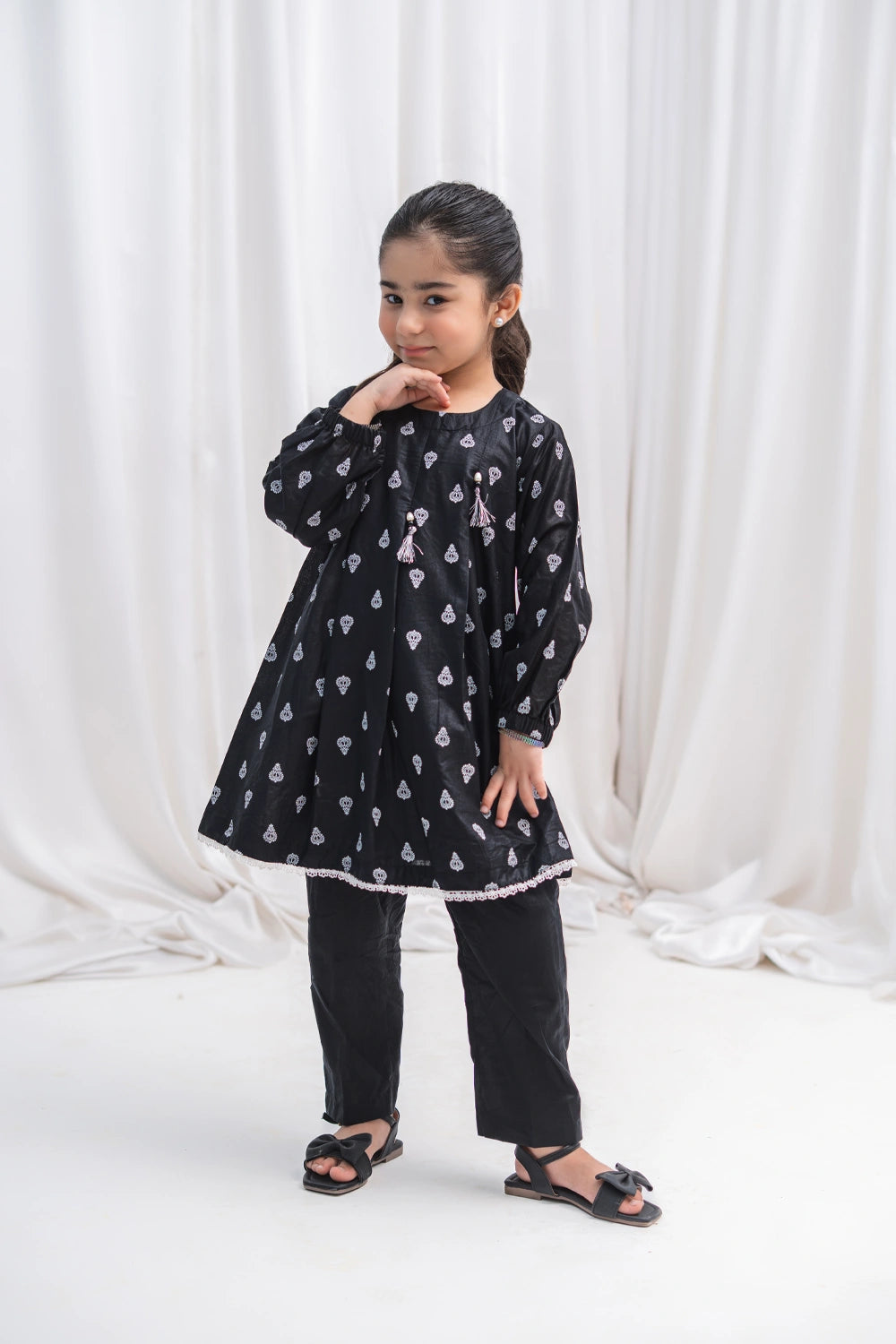 Girls Black Butti Lawn Tunic & Pants 2 Piece K-MC-TP-012