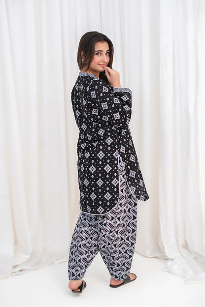 Women's Black Geometric Lawn Co-Ord Set 2 Piece T-MC-TP-005