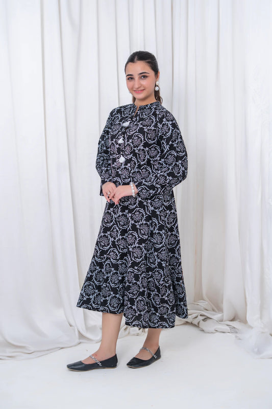 Women's Black Floral Lawn Maxi 1 Piece T-MC-TP-001