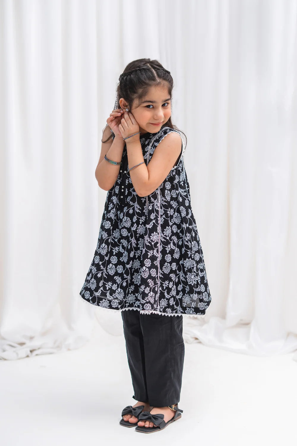 Girls Black Floral Panel Frock & Pants 2 Piece K-MC-TP-014