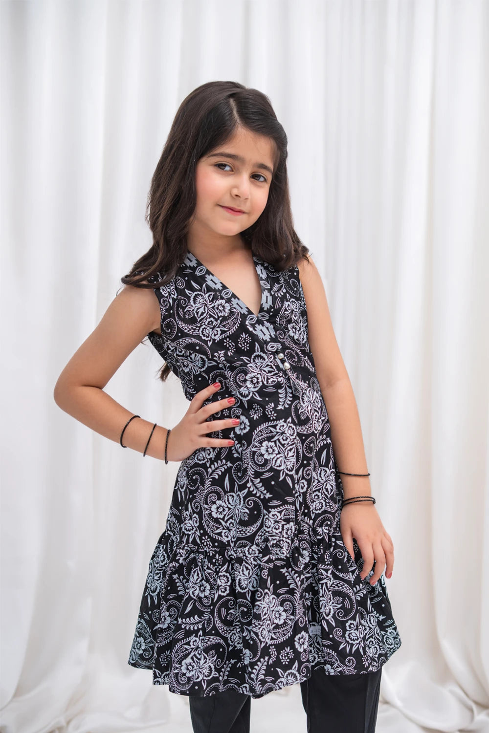 Girls Black Paisley Lawn A-Line Frock & Pants 2 Piece K-MC-TP-011