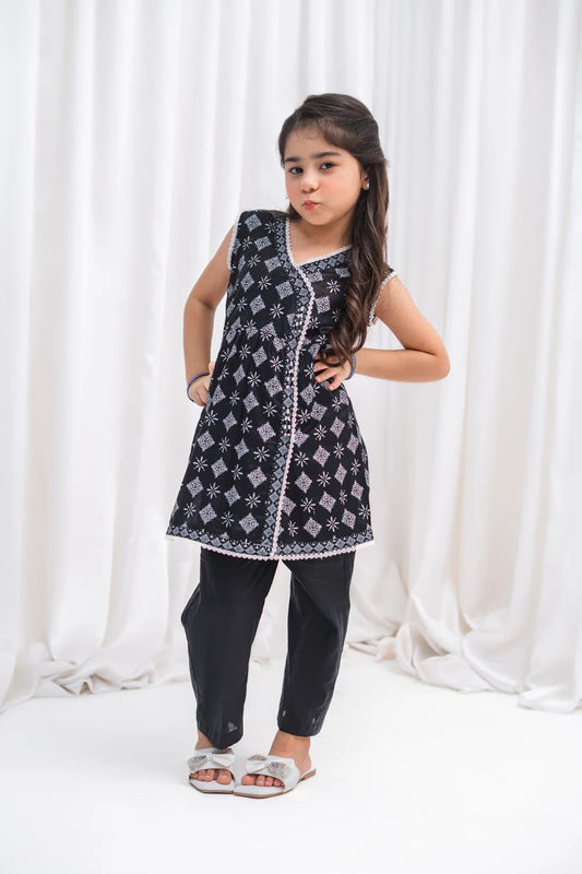 Girls Black Angrakha Lawn Tunic & Pants 2 Piece K-MC-TP-009