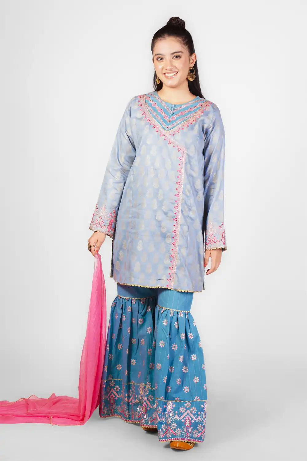 3 Piece Embroidered Suit with Table Print Garara & Dupatta FORT-008