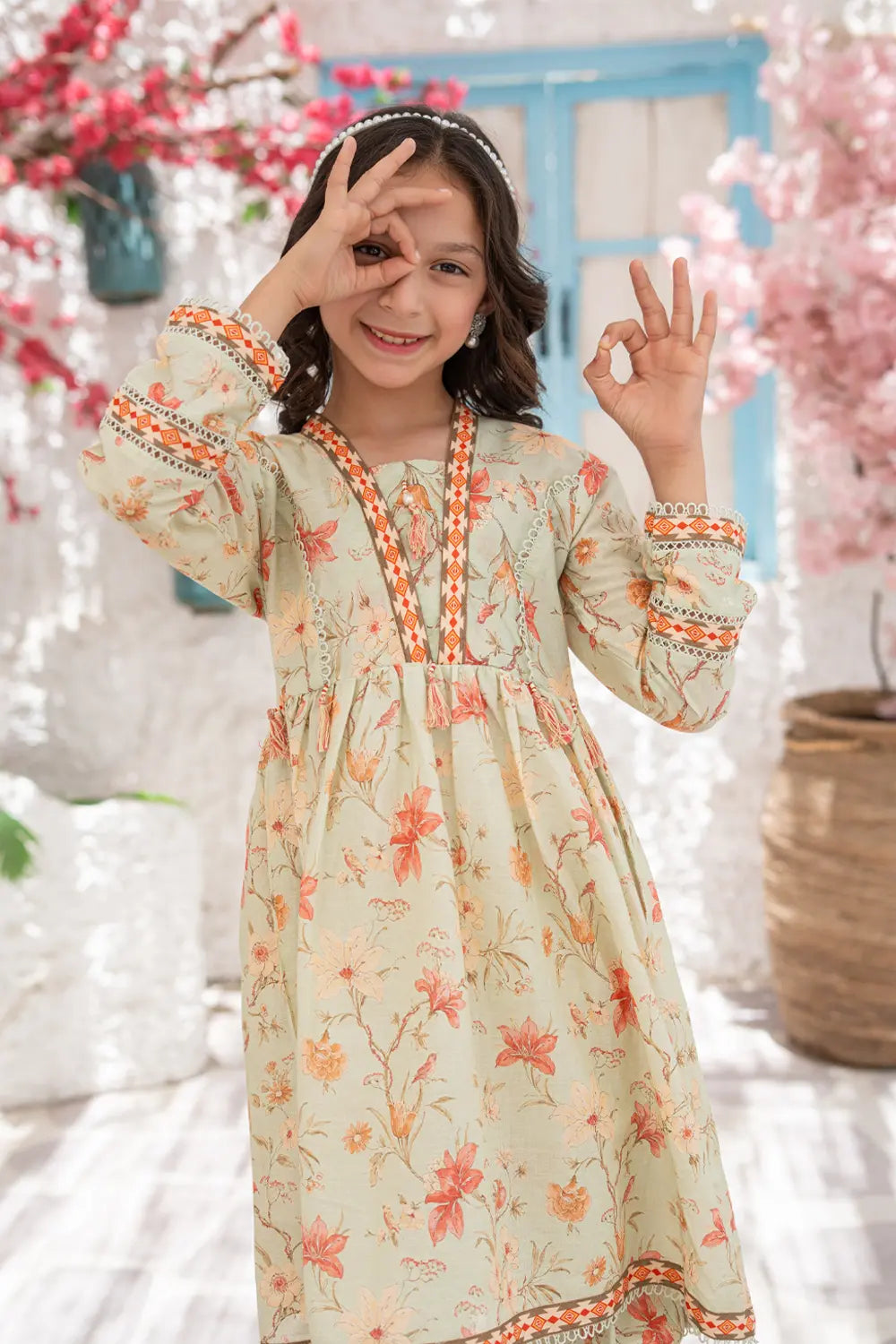 Girls Mint Green Printed Flared Frock 2 Piece Set K-ALP-S26-002