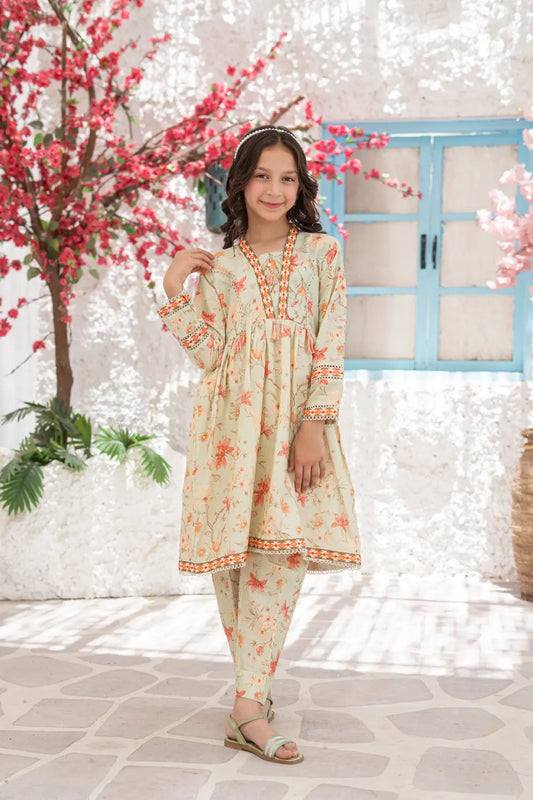 Girls Mint Green Printed Flared Frock 2 Piece Set K-ALP-S26-002