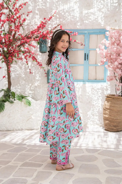 Girls Sky Blue Printed Frock Straight Pants 2 Piece Set K-ALP-S26-005