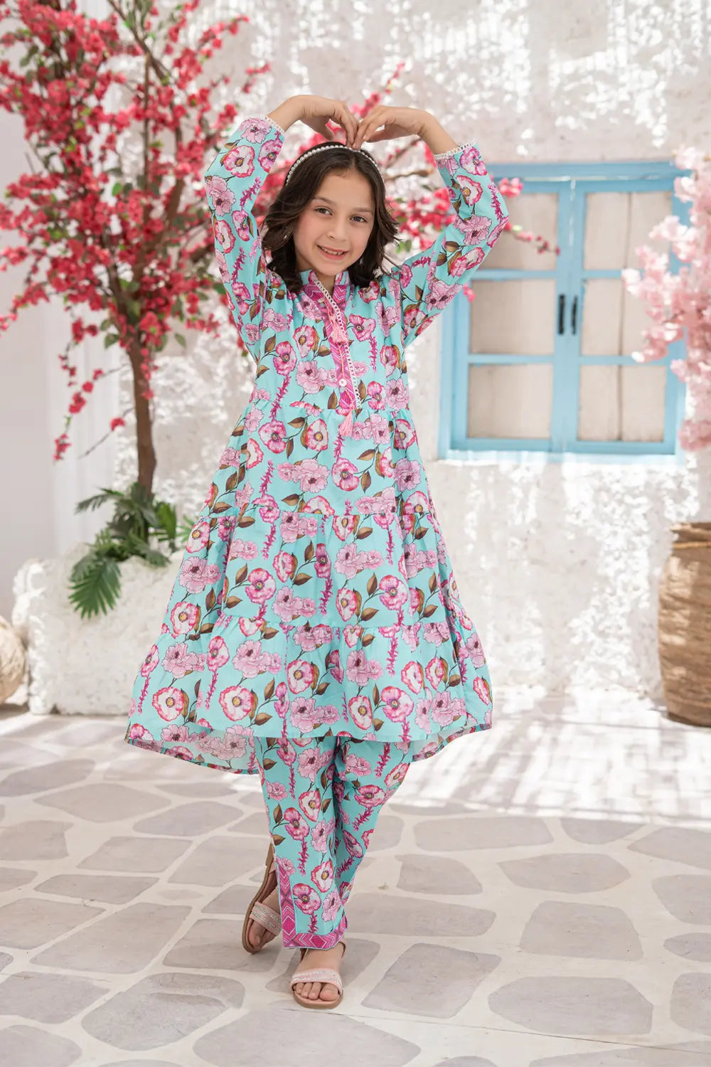 Girls Sky Blue Printed Frock Straight Pants 2 Piece Set K-ALP-S26-005