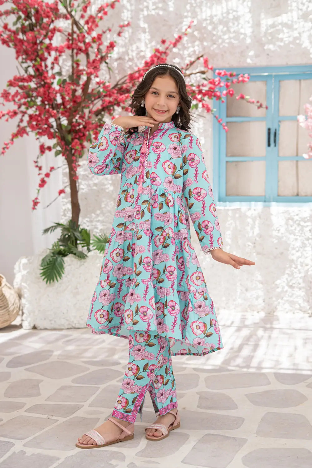 Girls Sky Blue Printed Frock Straight Pants 2 Piece Set K-ALP-S26-005
