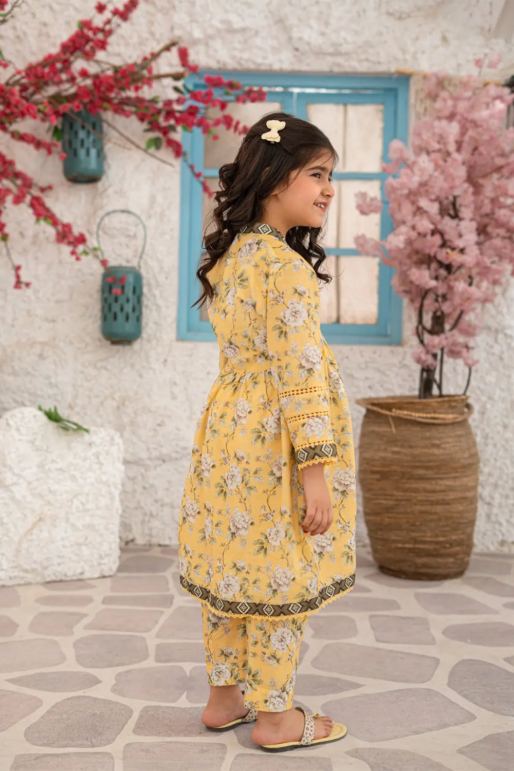 Girls Beige Yellow Printed Long Frock 2 Piece Set K-ALP-S26-006