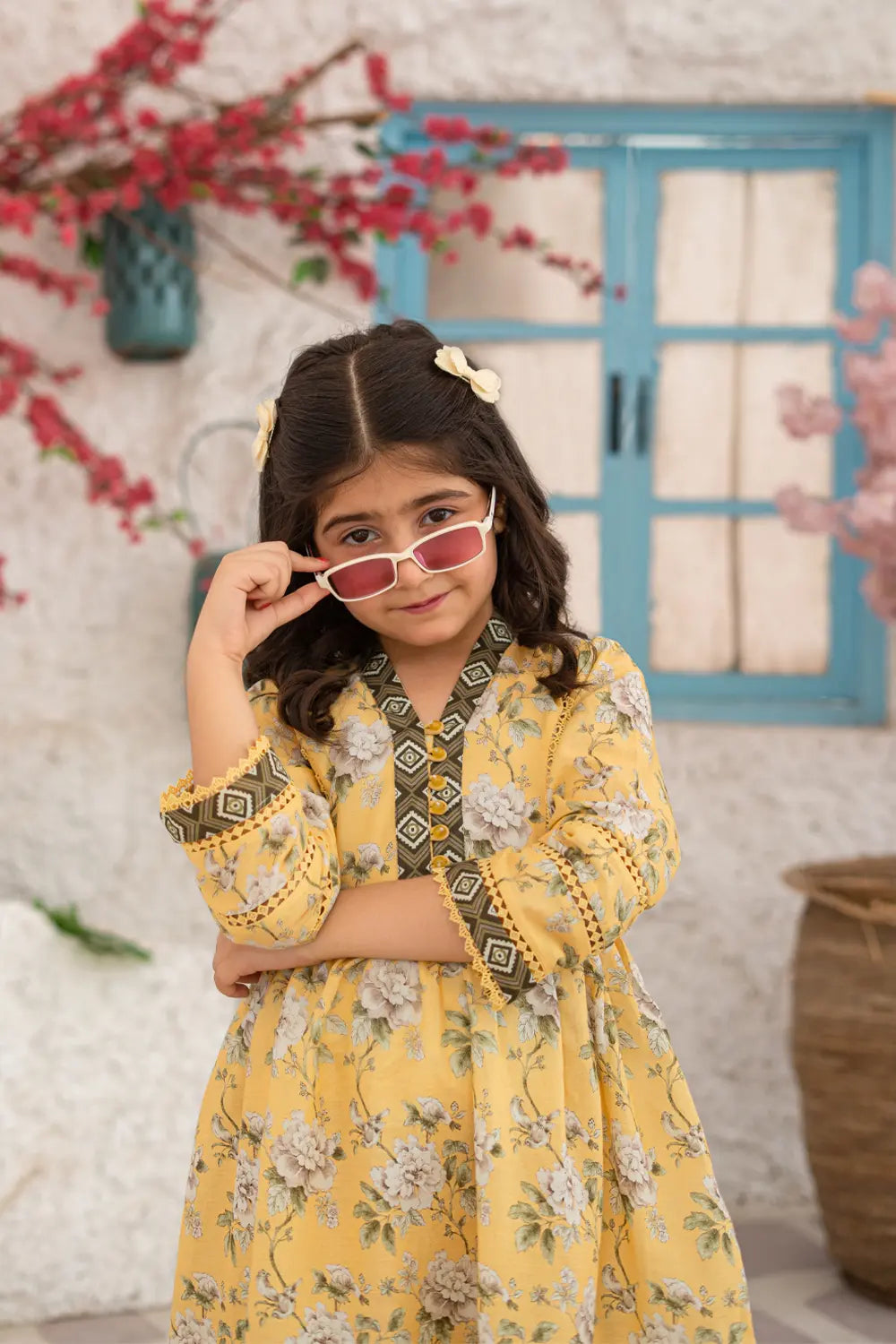 Girls Beige Yellow Printed Long Frock 2 Piece Set K-ALP-S26-006