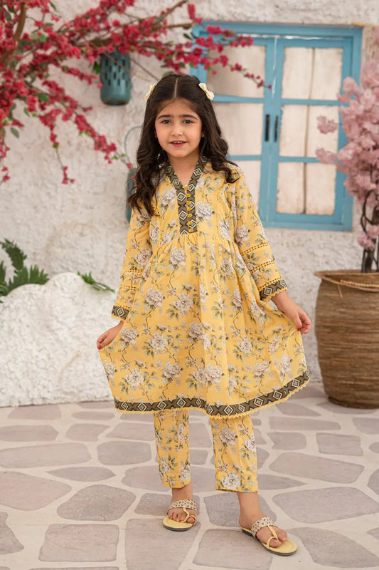 Girls Beige Yellow Printed Long Frock 2 Piece Set K-ALP-S26-006
