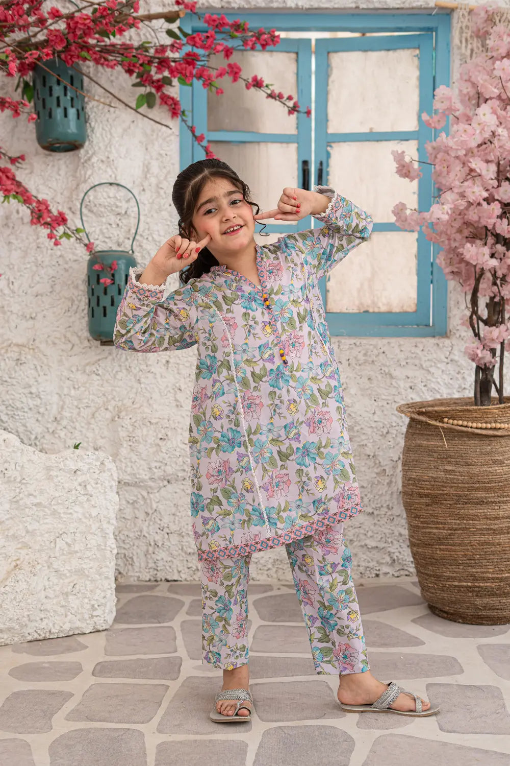 Girls Soft Pink Printed Panel Tunic 2 Piece Set K-ALP-S26-103