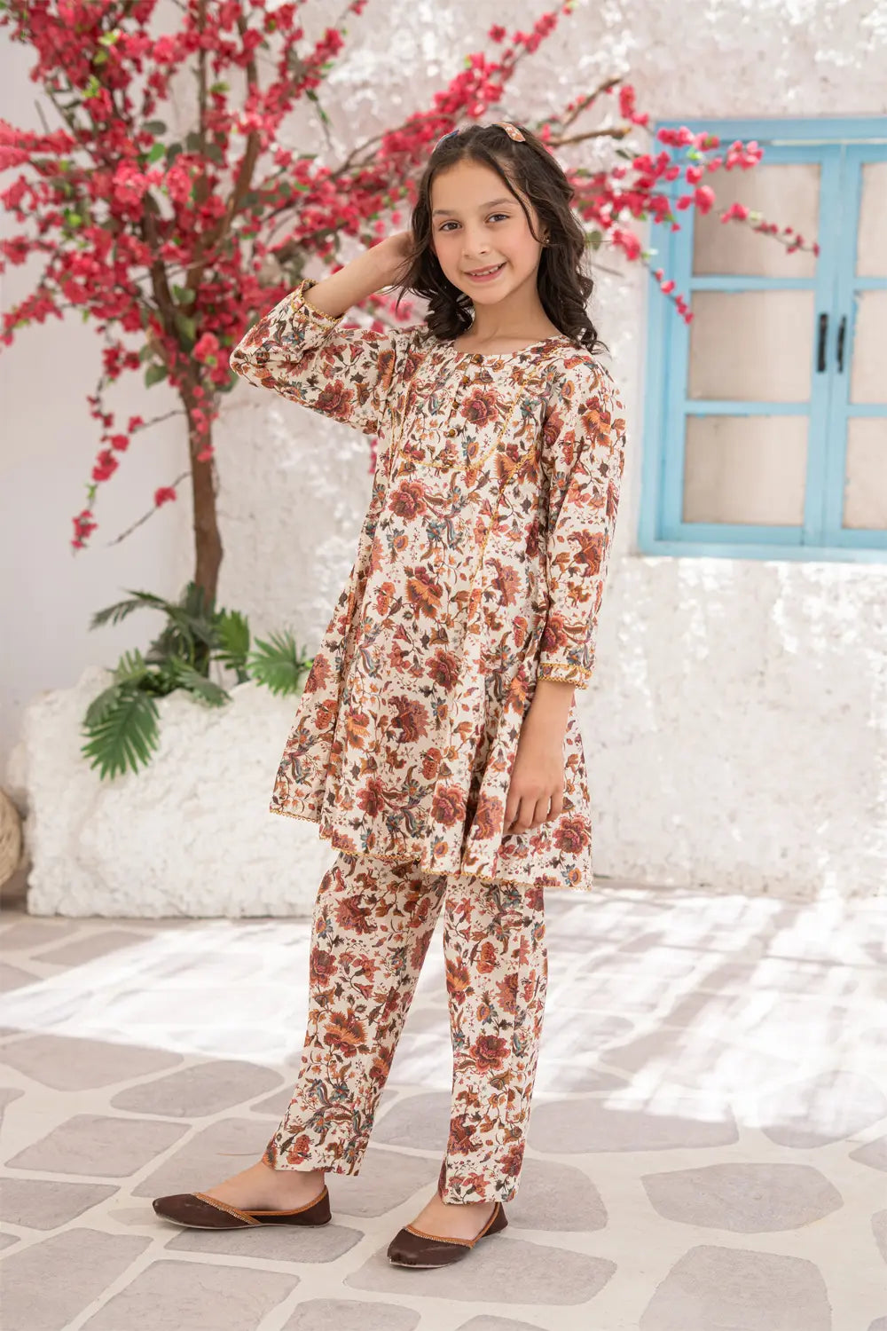 Girls Multi Beige Printed Tunic Straight Pants 2 Piece Set K-ALP-S26-108