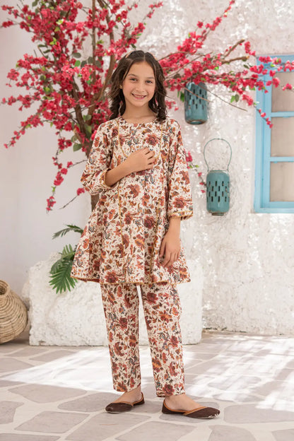 Girls Multi Beige Printed Tunic Straight Pants 2 Piece Set K-ALP-S26-108