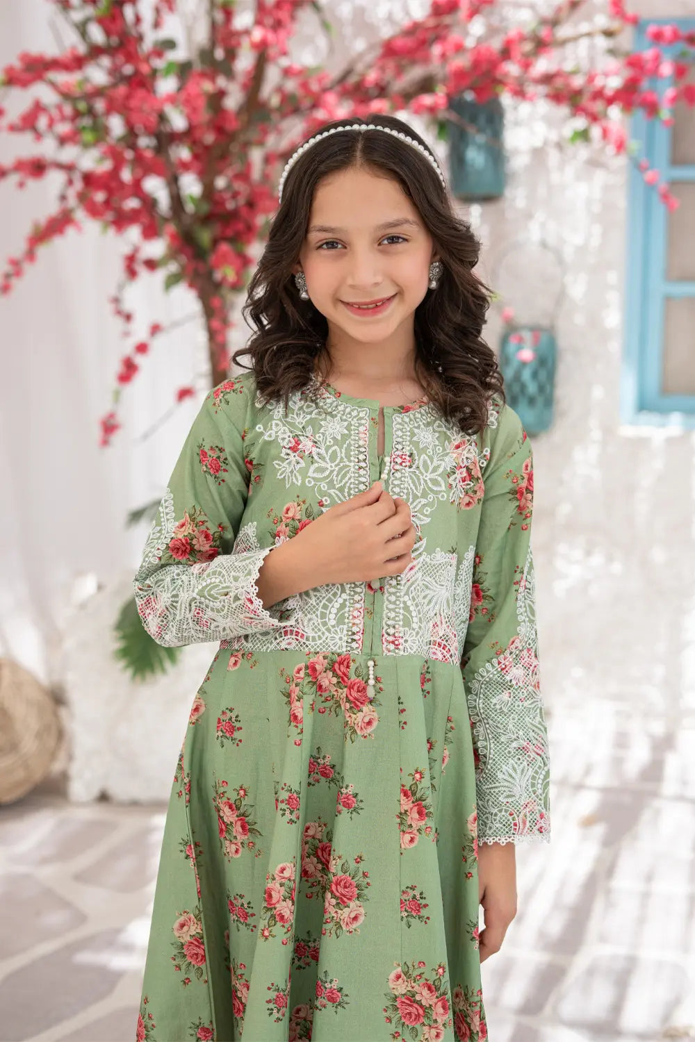 Girls Sage Green Embroidered Anarkali Frock 2 Piece Set K-ALP-S26-111