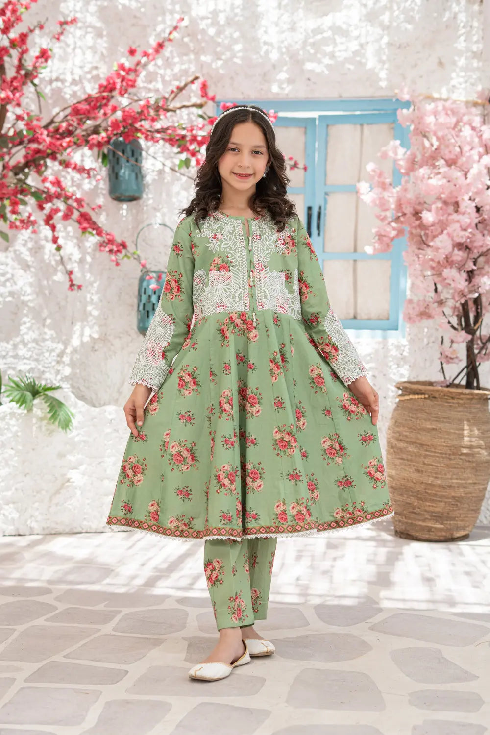 Girls Sage Green Embroidered Anarkali Frock 2 Piece Set K-ALP-S26-111