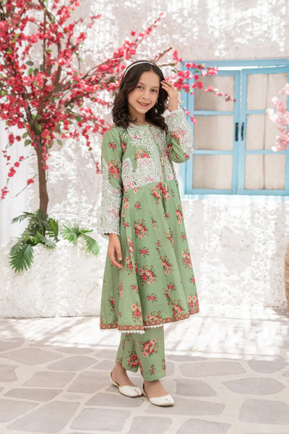 Girls Sage Green Embroidered Anarkali Frock 2 Piece Set K-ALP-S26-111