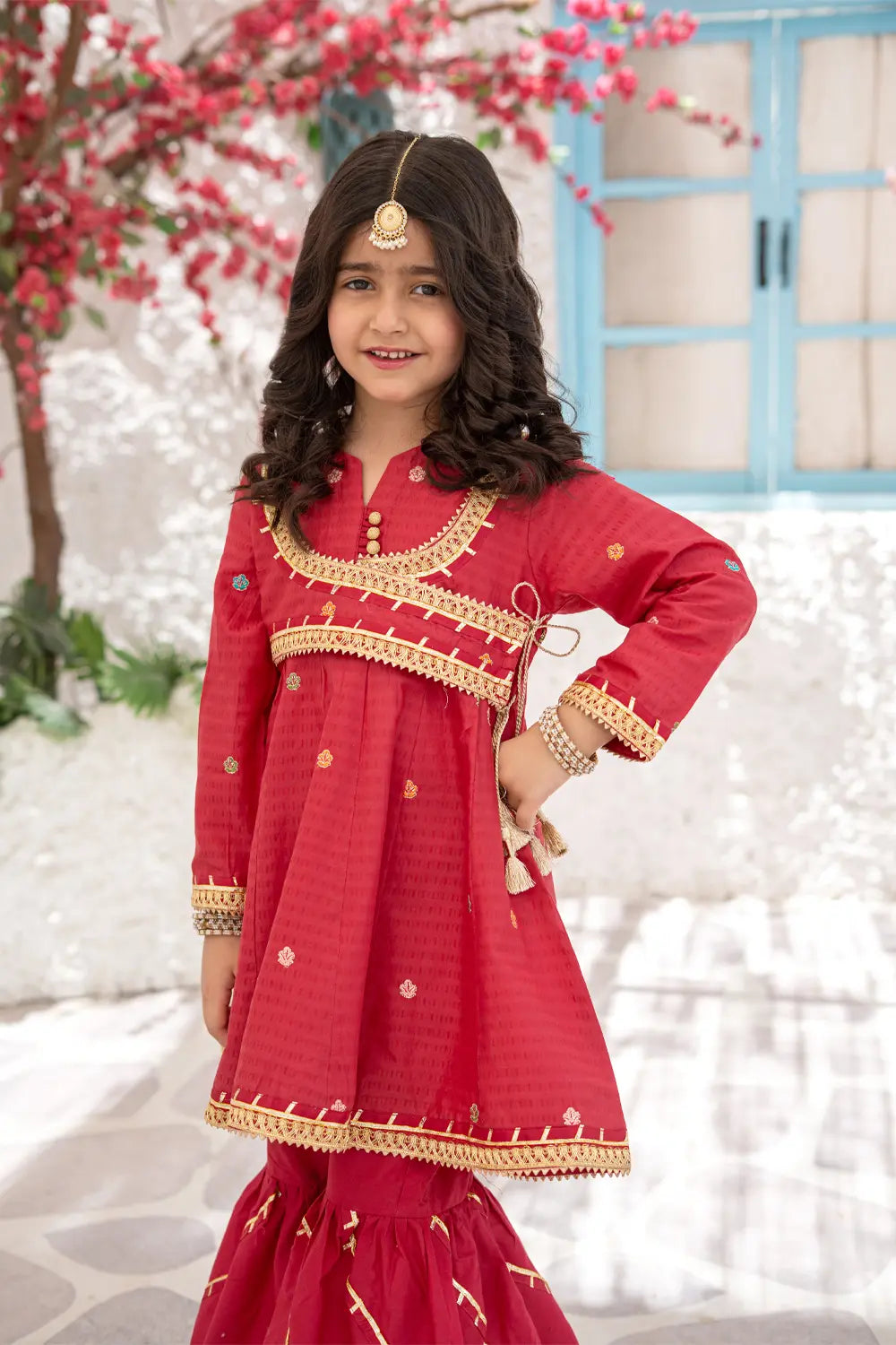 Girls Red Jacquard Embroidered Angrakha Gharara 3 Piece Set K-MG-020