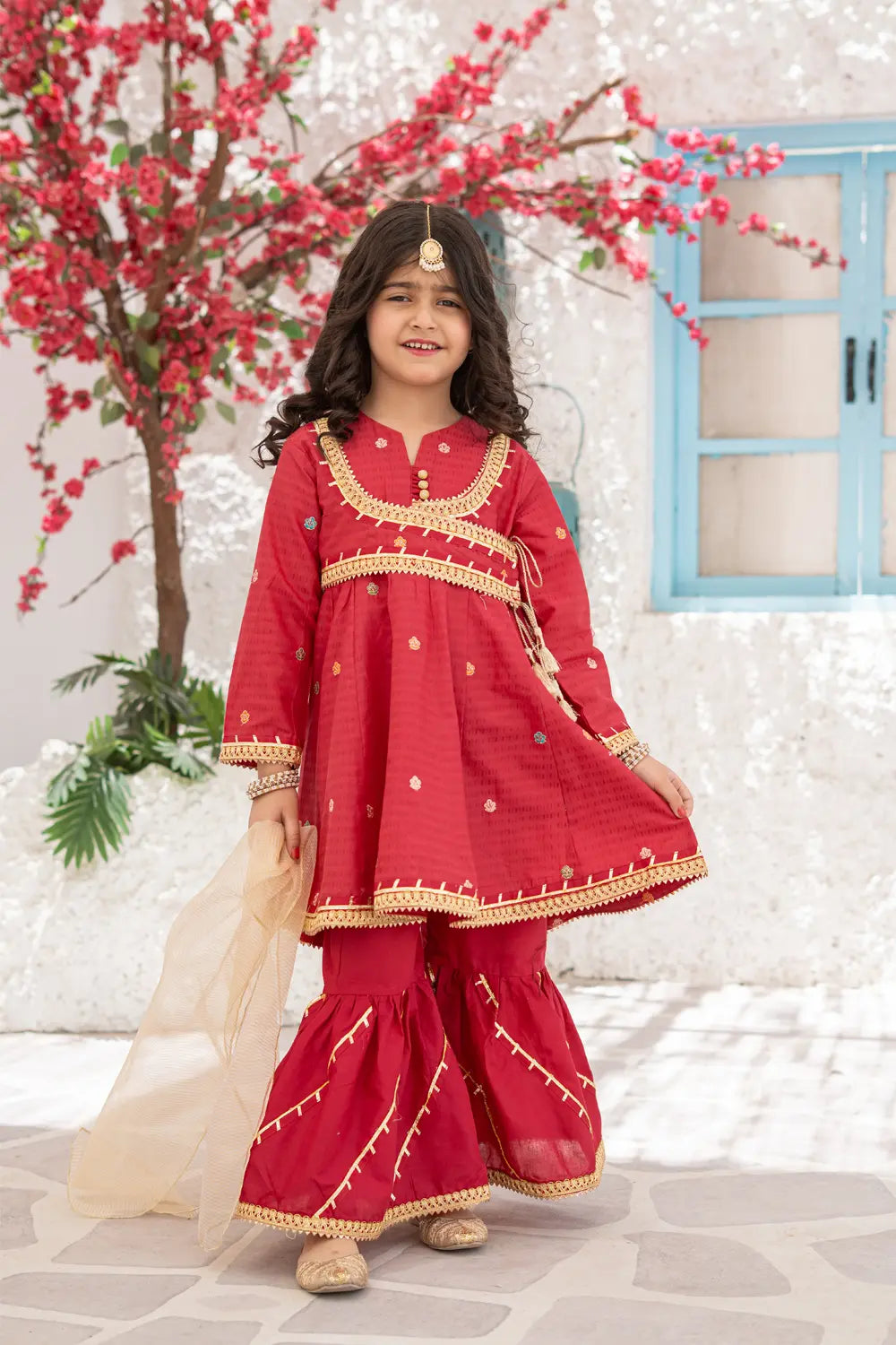 Girls Red Jacquard Embroidered Angrakha Gharara 3 Piece Set K-MG-020