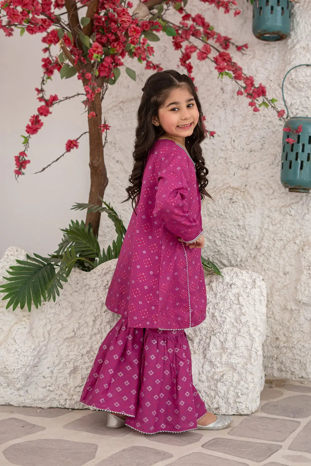 Girls Purplish Pink Printed Angrakha Gharara 2 Piece Set K-MG-024