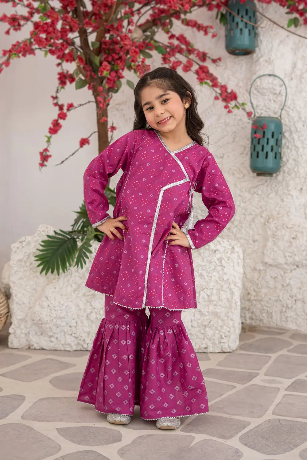 Girls Purplish Pink Printed Angrakha Gharara 2 Piece Set K-MG-024