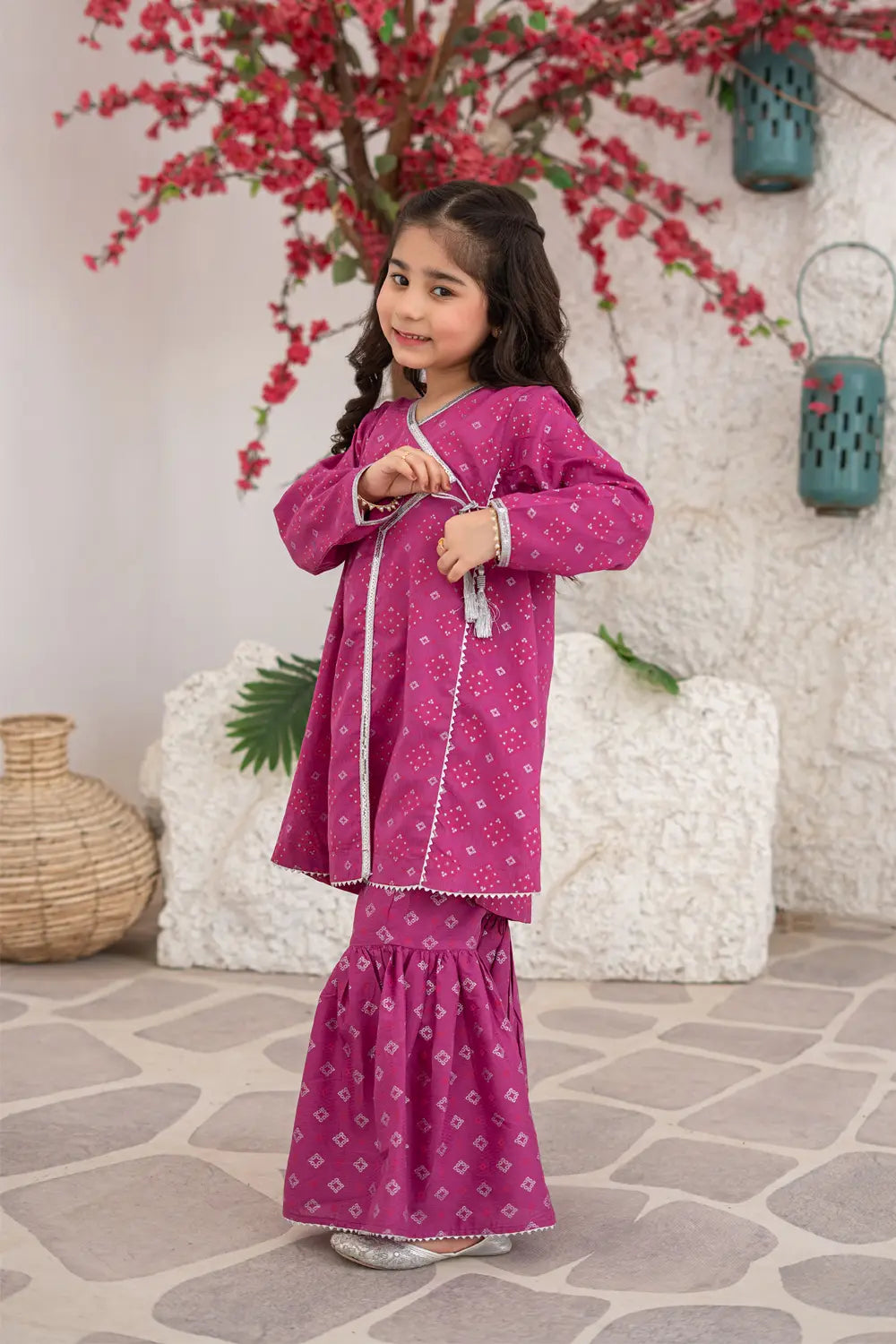 Girls Purplish Pink Printed Angrakha Gharara 2 Piece Set K-MG-024