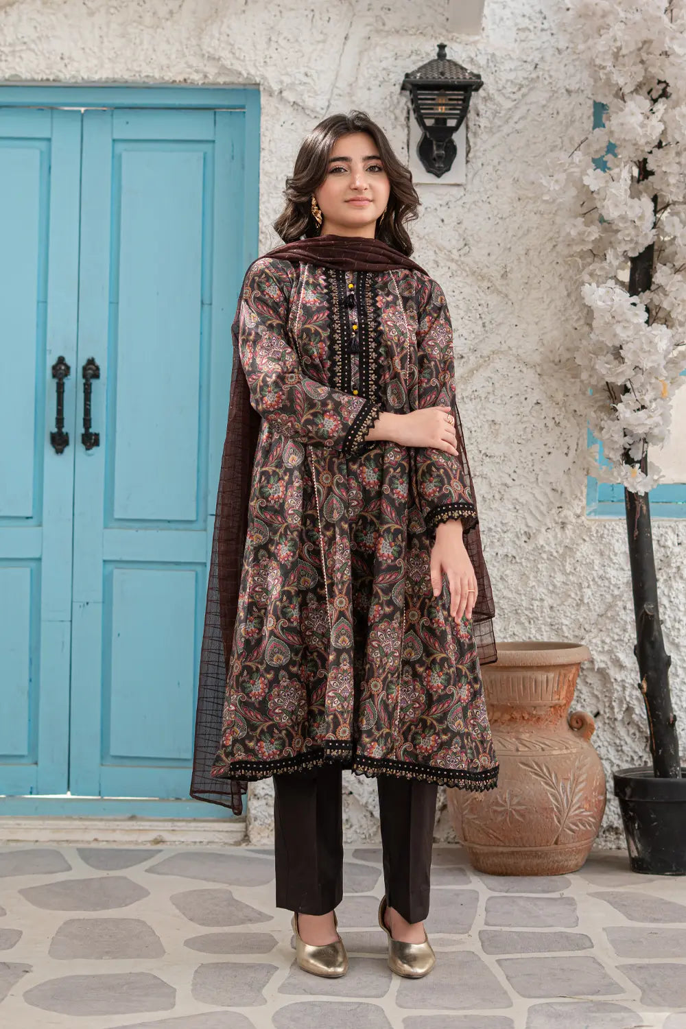 Dark Brown Embroidered Cotton Lawn Panel Frock 3 Piece Suit T-ALP-EMB-019
