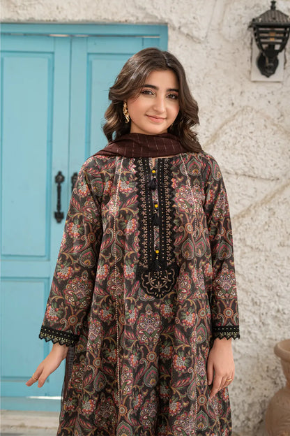 Dark Brown Embroidered Cotton Lawn Panel Frock 3 Piece Suit T-ALP-EMB-019