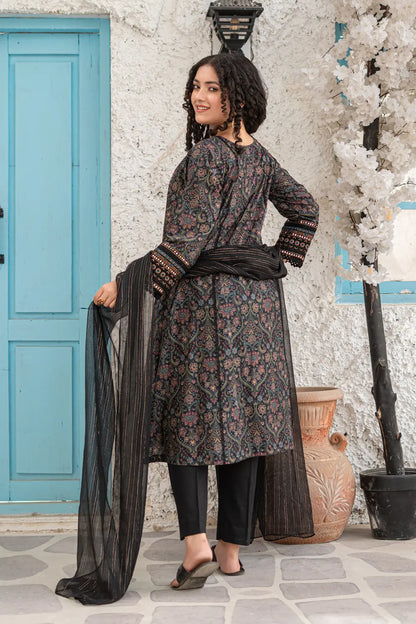 Black Embroidered Cotton Lawn Panel Frock 3 Piece Set T-ALP-EMB-020