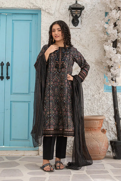 Black Embroidered Cotton Lawn Panel Frock 3 Piece Set T-ALP-EMB-020