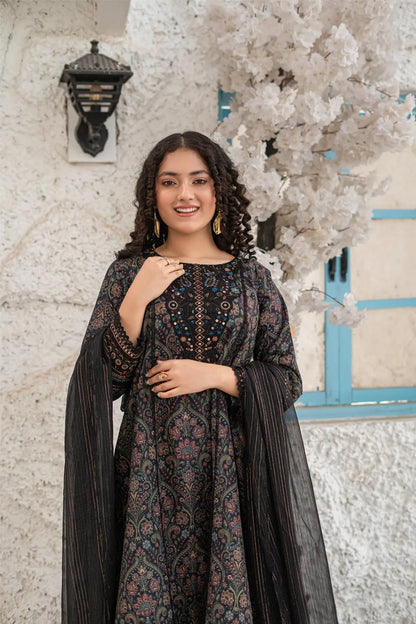Black Embroidered Cotton Lawn Panel Frock 3 Piece Set T-ALP-EMB-020